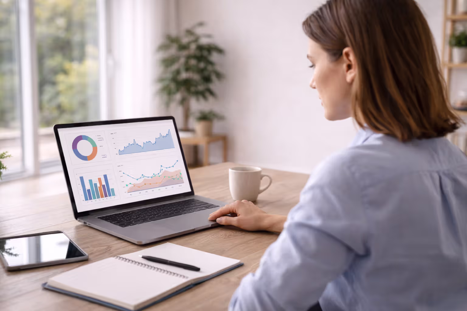 HR manager reviewing employee wellness analytics on laptop dashboard