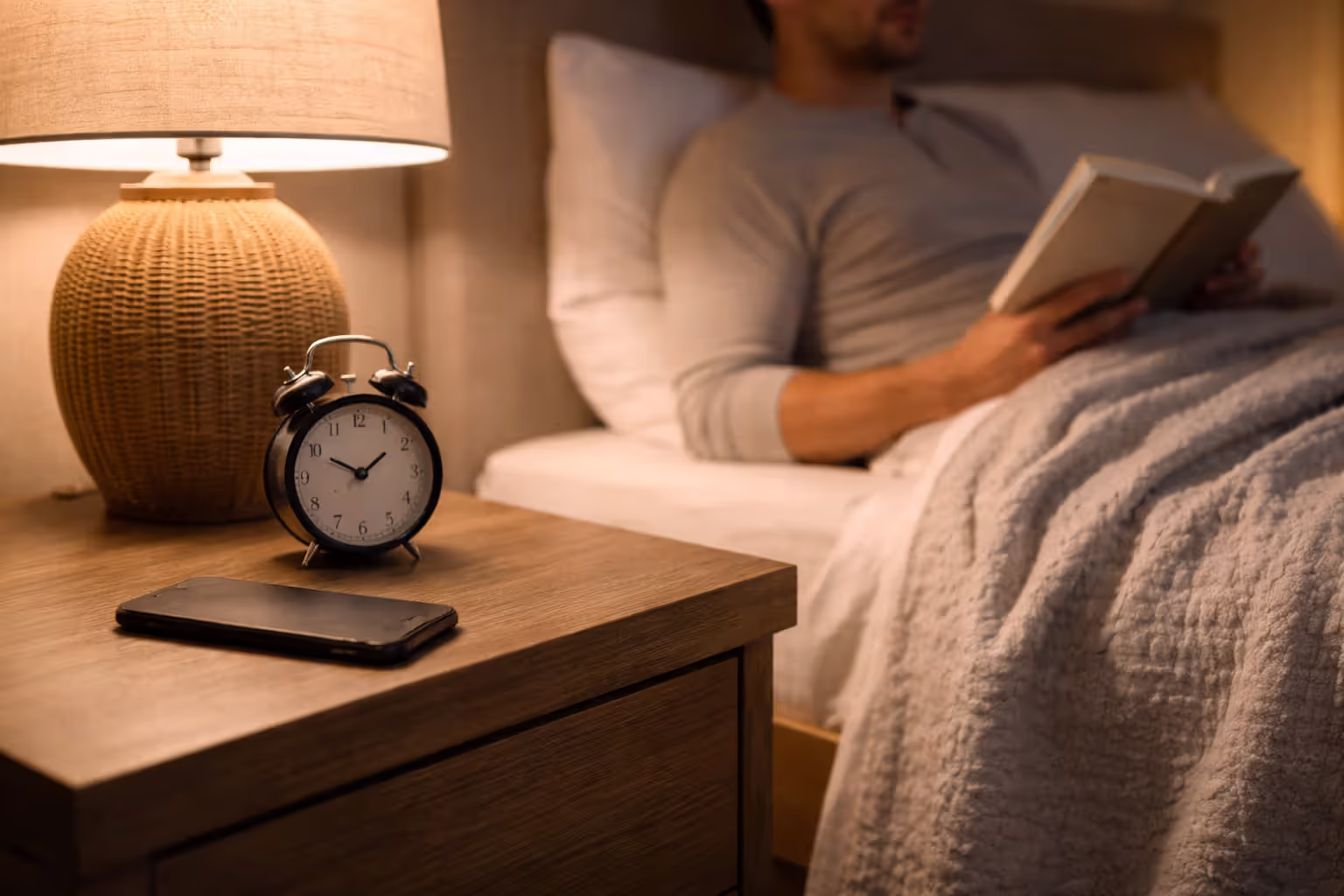 Bedroom scene with a phone face down on a nightstand and a person reading a book before sleep