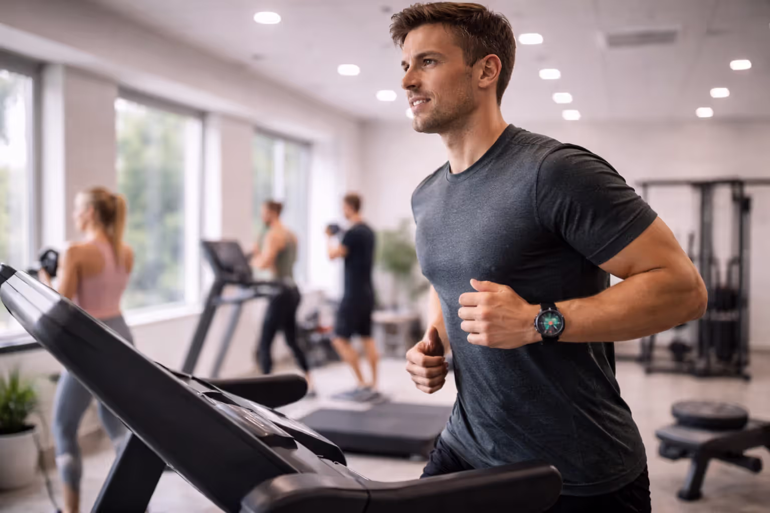 Adult running on a treadmill wearing a smartwatch in a bright modern gym.