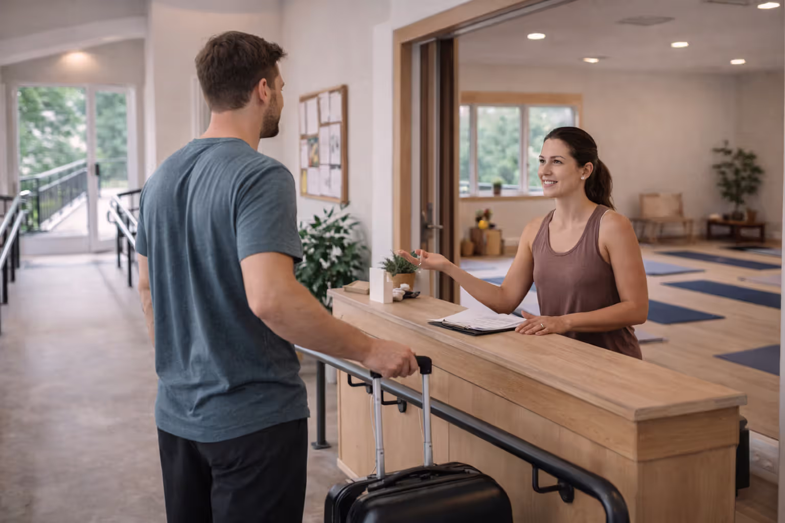 Accessible retreat entrance with ramp and staff assisting a guest, highlighting safety and ADA compliance