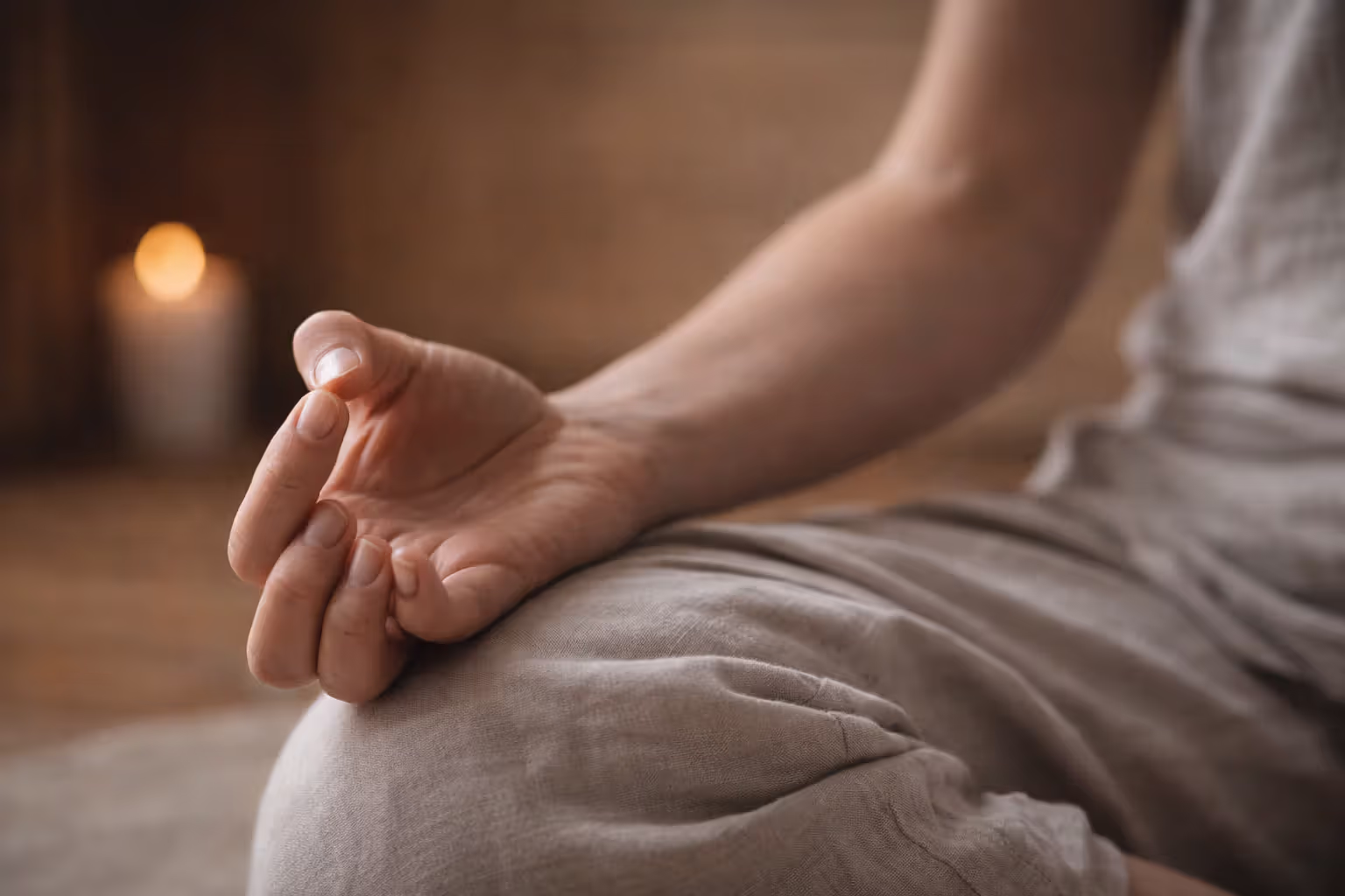 Hands in jnana mudra — a traditional gesture of focused awareness during seated practice