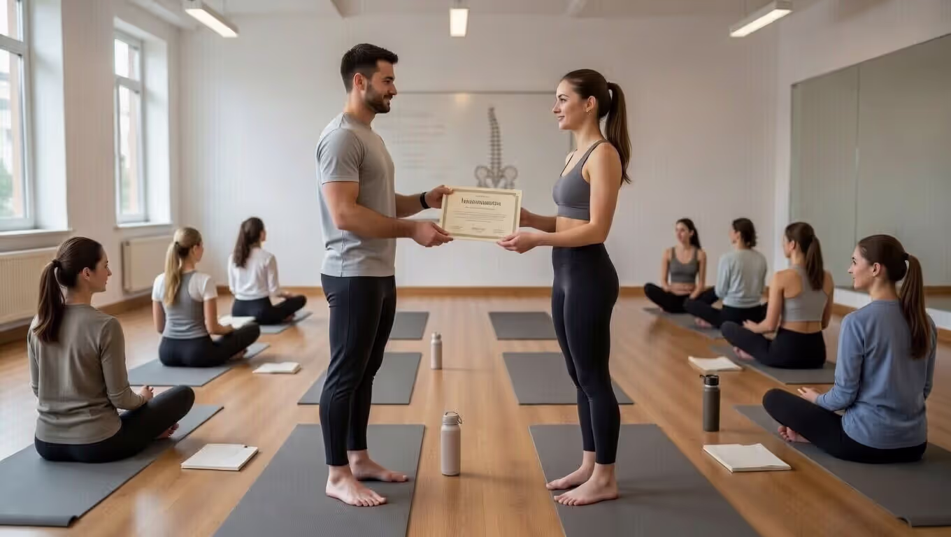 Instructor presenting a yoga teacher training completion certificate to a graduate.