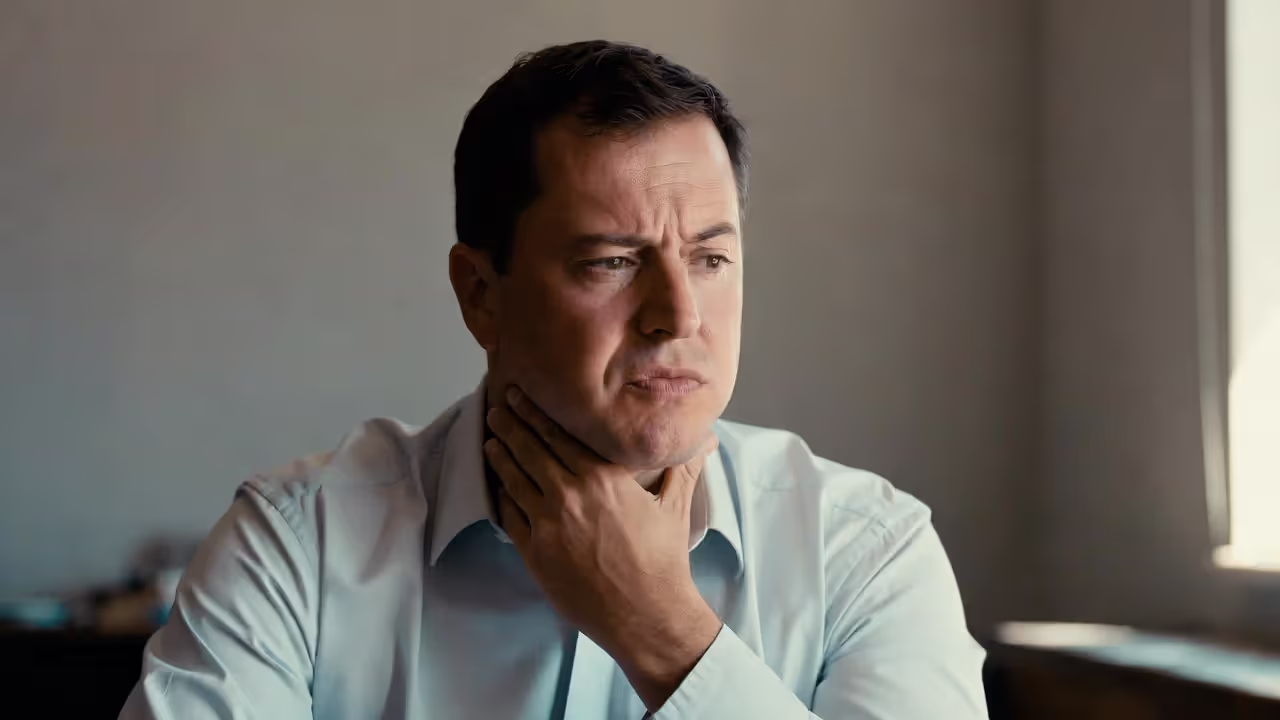 Adult in conversation touching throat with visible tension in daylight