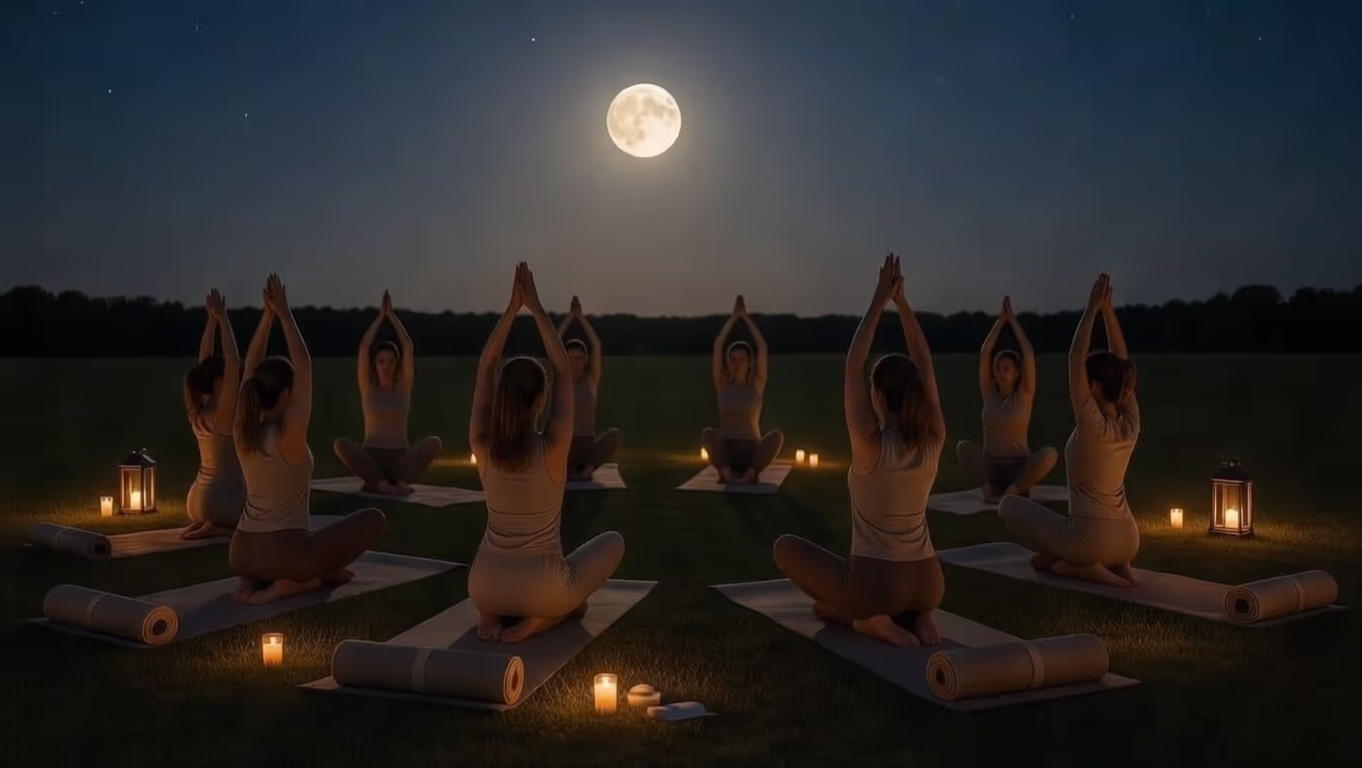 Outdoor yoga group practicing at night with the full moon visible overhead.