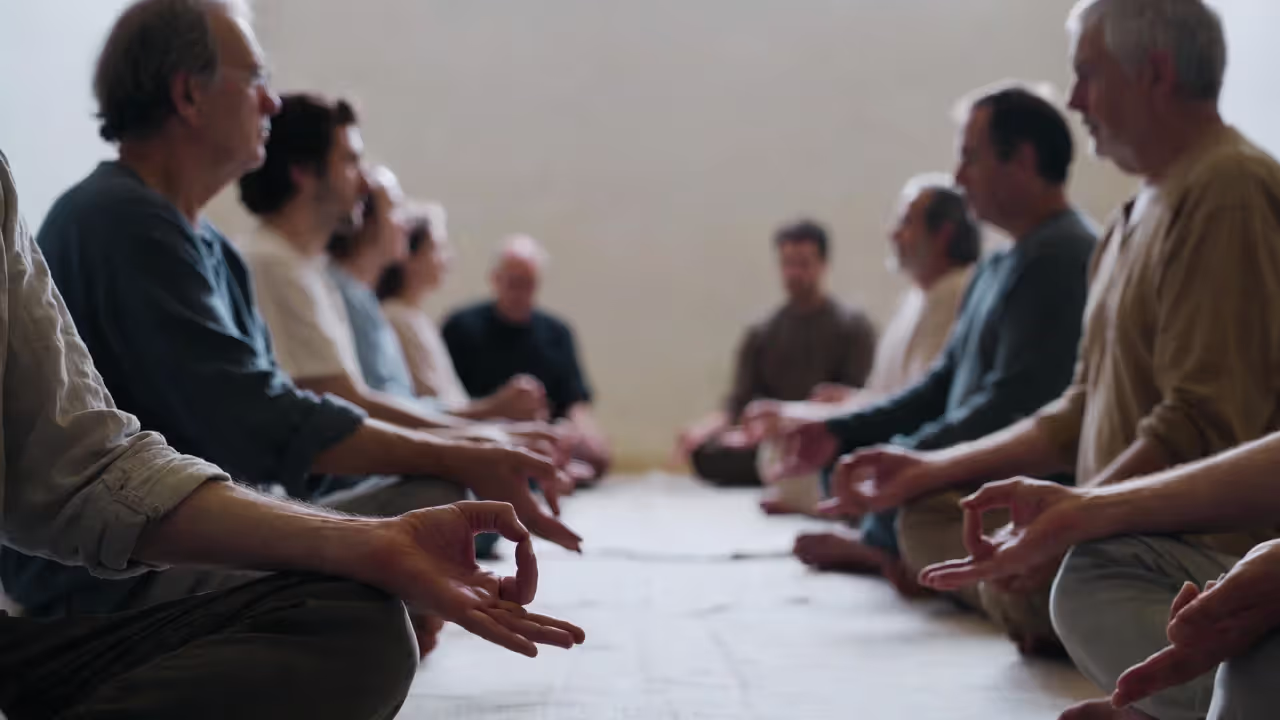 Participants seated facing partners, using a hand mudra and maintaining eye contact during meditation.