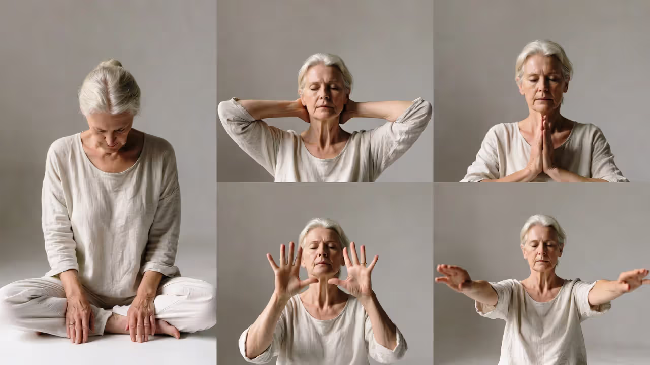 Demonstration of common techniques: breathwork, mantra, gaze focus, mudra, and held arm positions.