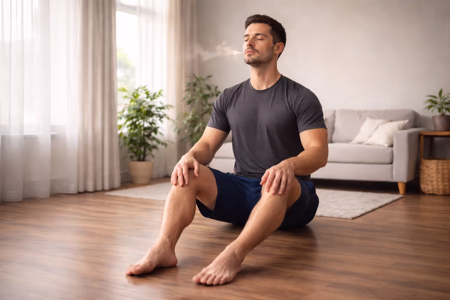 Adult practicing grounding breath with feet firmly planted on floor