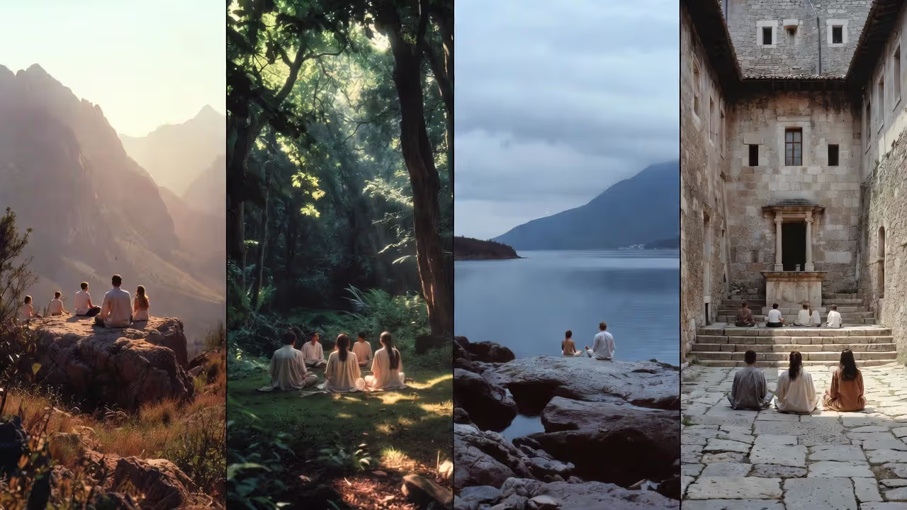 Examples of meditation retreat environments: mountains, forest, coast, and monastic setting.