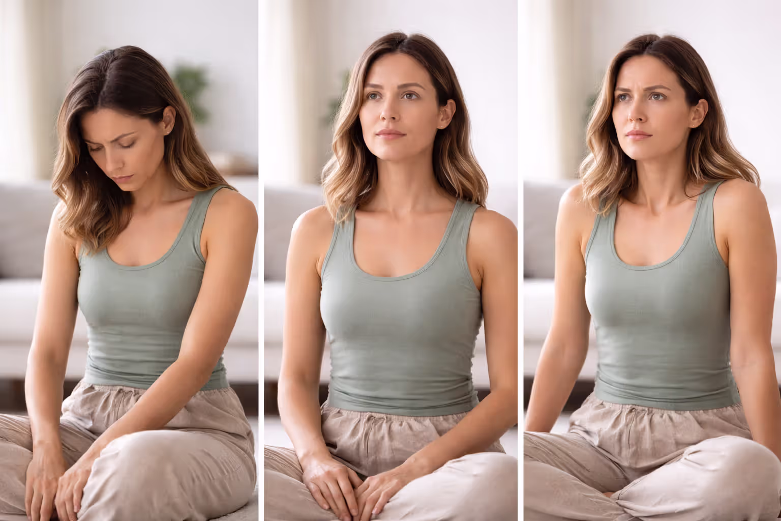 Triptych showing underactive, balanced, and overactive heart energy through posture