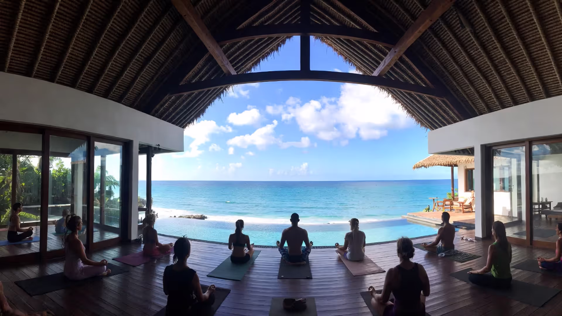 Small-group yoga class at a luxury oceanfront retreat with open-air shala and infinity pool.