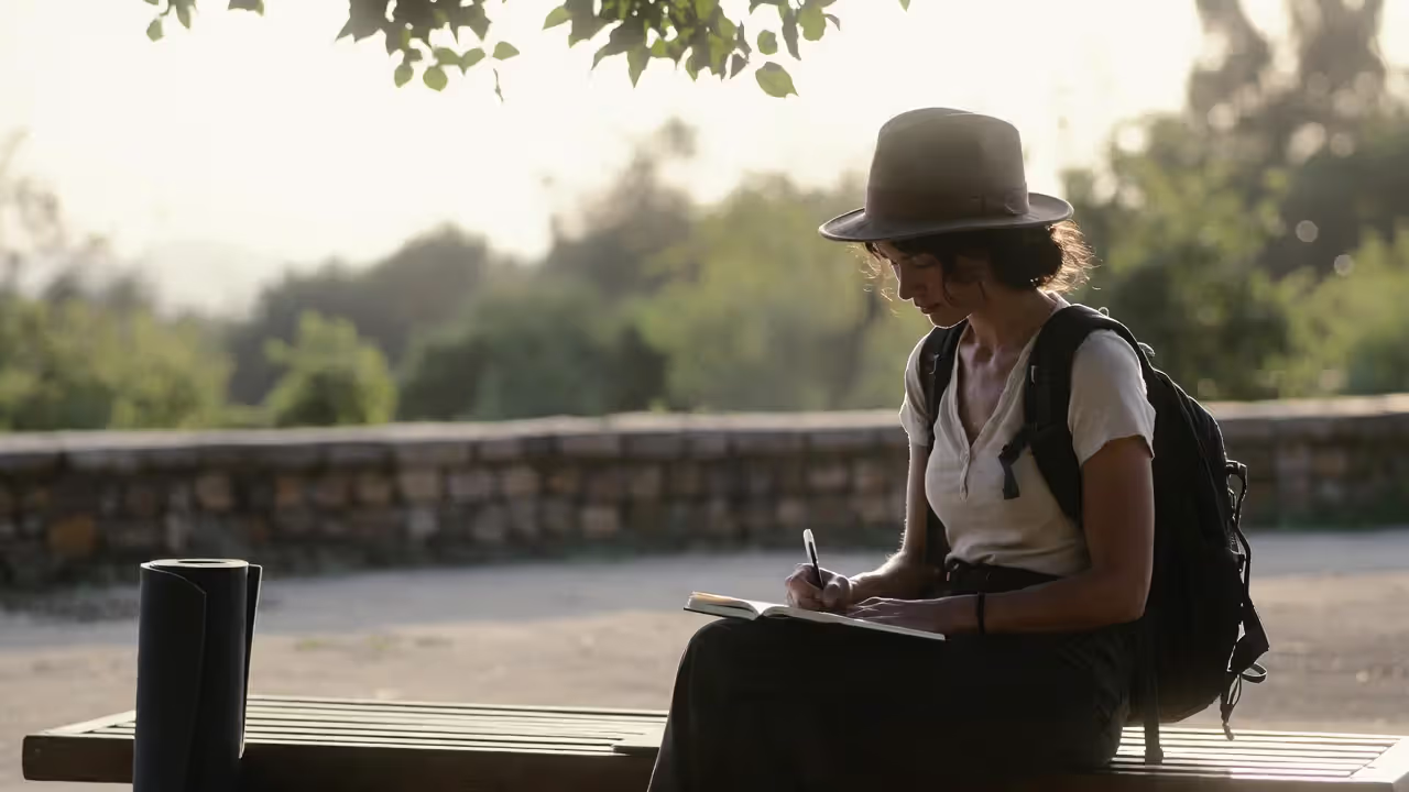 Traveler journaling after yoga retreat with mat rolled beside them.