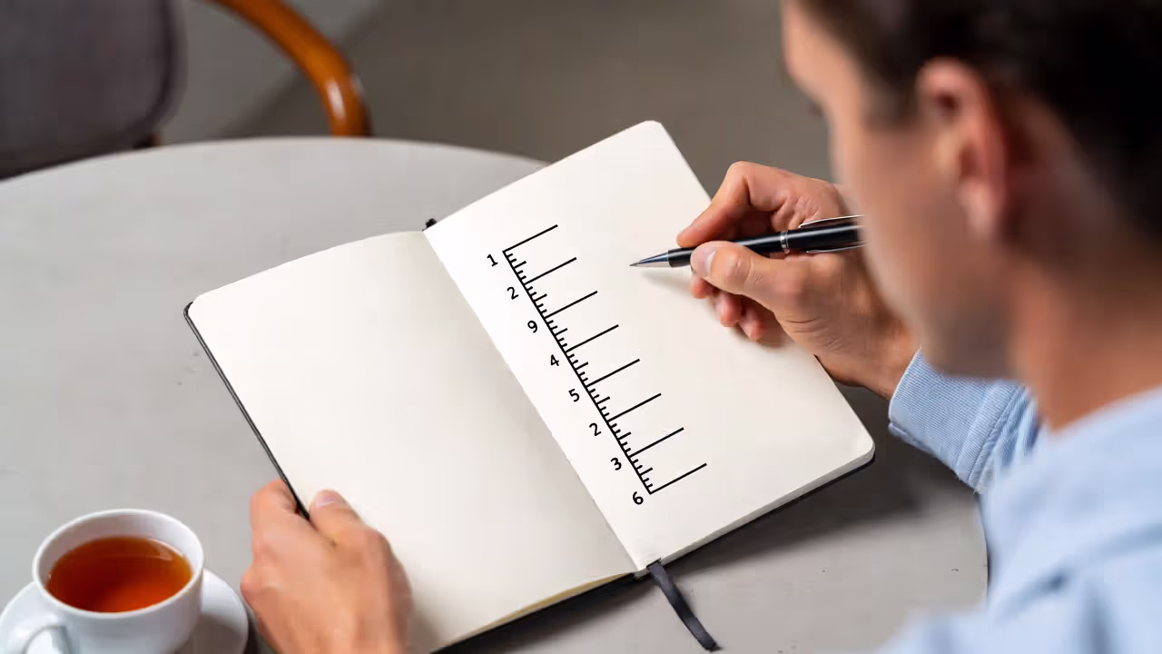 Person journaling and assessing personal balance in a notebook