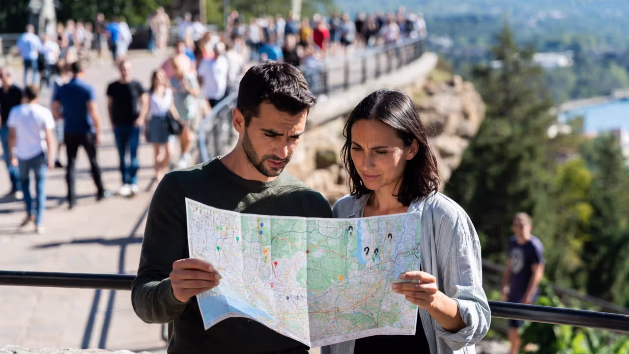 Travelers looking stressed while planning too many activities.